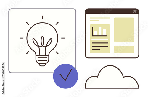 Light bulb symbolizing ideas, chart with analytics in a browser screen, cloud icon, and a checkmark. Ideal for technology, creativity, data, cloud storage, productivity innovation project