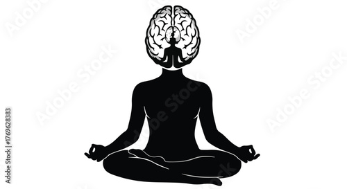 Silhouette of meditating figure with a brain head and smaller meditating figure inside the brain