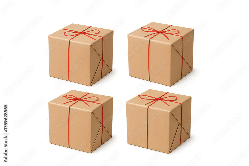 Fototapeta premium Four brown paper gift boxes with red strings, ideal for delivery, shipping, and holiday presents, transparent background
