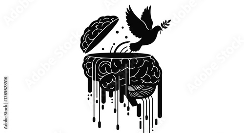 Black and white graphic of a brain opening with a dove flying out holding a branch of peace in its beak