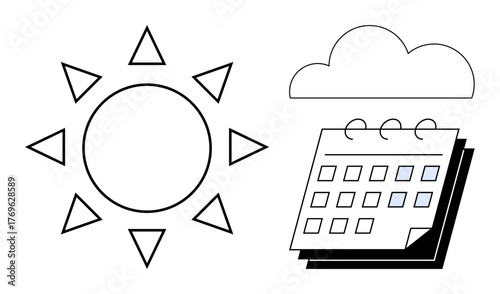 Large sun, minimal cloud, and calendar with pages. Ideal for weather forecast, climate change, time management, planning, productivity seasons vacation. Simple flat metaphor