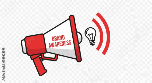 Red megaphone promoting brand awareness with light bulb