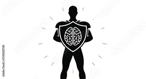 Silhouette of a person holding a shield with a brain on it symbolizing mental strength and protection