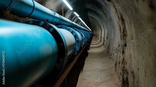 Blue pipelines running through a long tunnel, illuminated by overhead lights, creating a perspective view. Utility passage showcasing engineering precision in a subterranean setting.