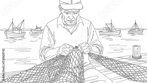 Fisherman Line Art — Worker Sitting on Dock Repairing Fishing Nets with Boats and Calm Water Outlined, Minimal Continuous Vector Illustration