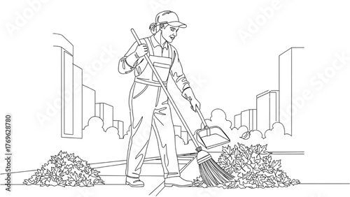 Street Cleaner Line Art — Worker Sweeping Leaves with Broom and Dustpan on Sidewalk, Minimal Urban Background, Continuous Vector Illustration