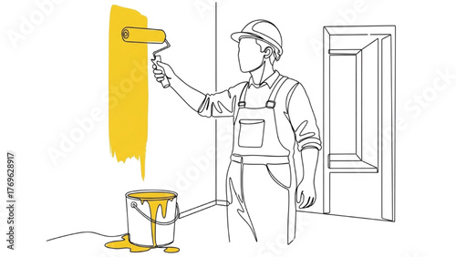 House Painter Line Art — Worker Painting Wall with Roller and Paint Supplies, Subtle Interior Lines, Minimalist Vector Illustration