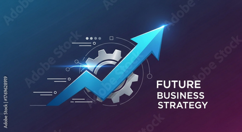 Blue arrow pointing upwards with gear for future business strategy