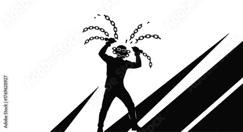 Silhouette of a person breaking chains around their head in black and white illustration art