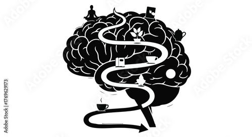 A brain illustration with a winding path leading to various symbols of relaxation and mindfulness