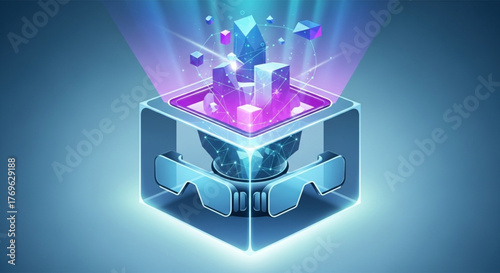 A futuristic virtual reality device with a holographic display of cubes