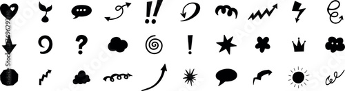 Collection of handdrawn black icons and symbols, including hearts, arrows, question marks, exclamation points, clouds, stars, flowers, and sun, isolated on transparent background