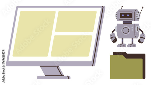 Robot assisting with data processing beside a monitor with organized sections and a file folder. Ideal for artificial intelligence, automation, technology, data analysis, efficiency, smart tools