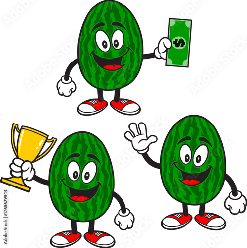 Watermelon Mascot Set 04, Hand Drawn illustrations of Watermelon Mascots in various poses.