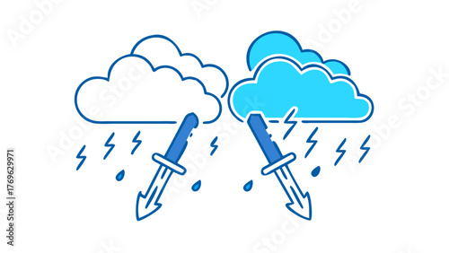 Two clouds having a sword fight with lightning bolts while raining below