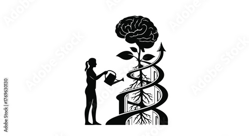 Silhouette of woman watering plant with brain on top and dna helix with arrow on white background