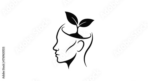A stylized head profile with a plant growing out of the top on a white background illustration