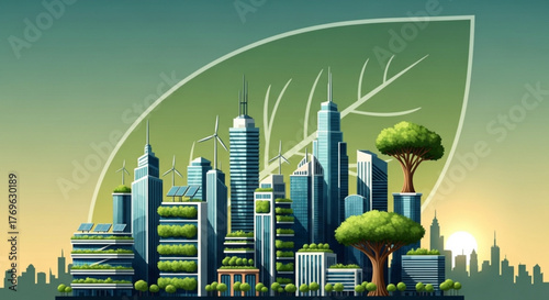 Ecofriendly city with green buildings and renewable energy sources depicted