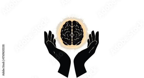 Silhouette of hands holding a brain with a glowing aura on a white background art concept