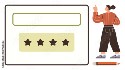 Woman evaluating quality through a star rating system on a screen while gesturing thoughtfully. Ideal for feedback, reviews, ratings, quality assessment, user engagement, decision-making, simple flat
