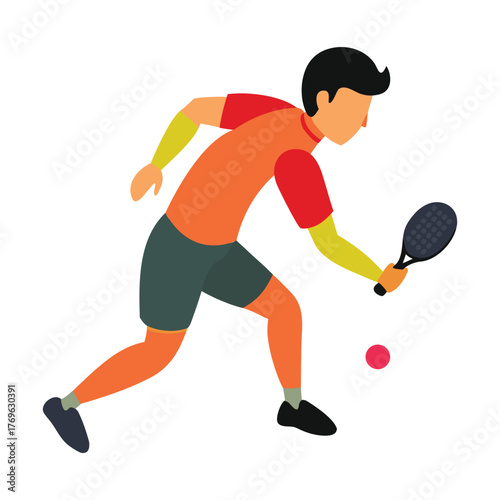 Determined Asian Male Padel Player Returning Ball Vector Illustration..eps