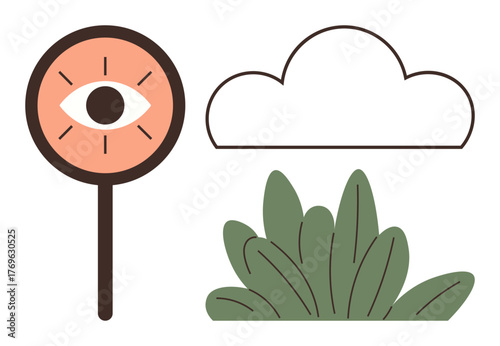 Eye sign symbolizing observation beside cloud shape and leafy bush. Ideal for technology, environment, security, privacy, monitoring, nature, and simplicity themes. Simple flat metaphor