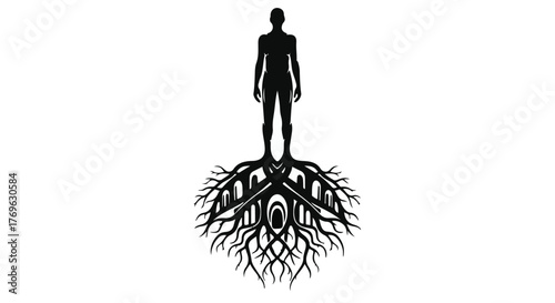 Silhouette of a person standing on a complex root system in black and white illustration