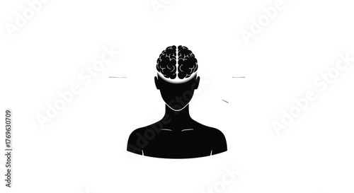 Silhouette of a person with a brain above the head and radiating lines on a white background