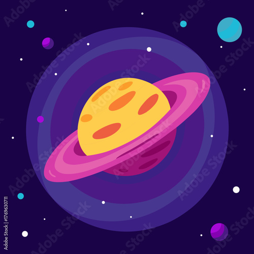 Stylized planet with vibrant rings and spots in deep space silhouette isolated on white background