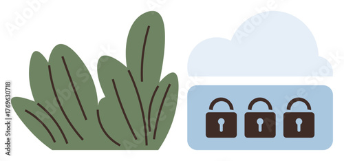 Green foliage next to a cloud with three padlocks, symbolizing security, privacy, and sustainable tech. Ideal for cybersecurity, data safety, green computing, secure storage, privacy