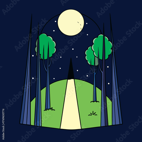 Stylized night forest scene with a glowing moon and path silhouette isolated on white background