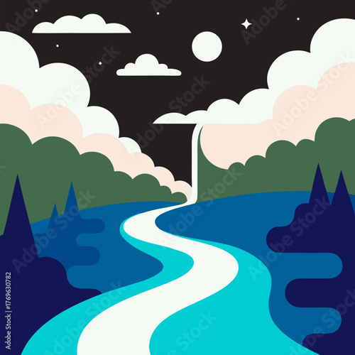Stylized night landscape with winding river and waterfall silhouette isolated on white background