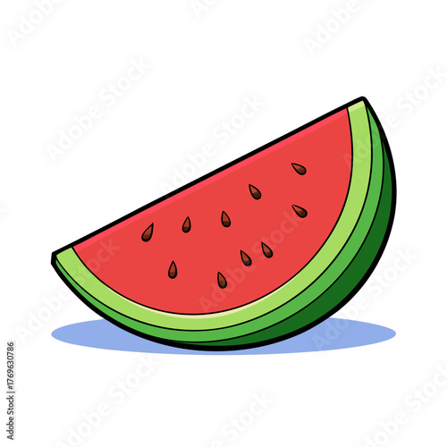 A vibrant red watermelon slice with green rind and dark seeds isolated on a white background silhouette isolated on white background