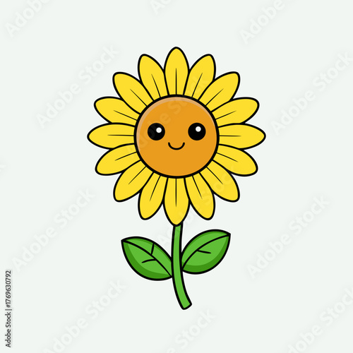 Cute cartoon sunflower with a happy face and green leaves silhouette isolated on white background