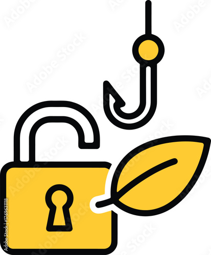 Security and phishing concept with lock, hook, and leaf icon representing data protection and online scam risks