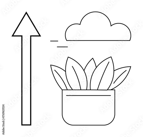 Arrow pointing up, paired with a cloud and a potted plant, visually represents growth, progress, sustainability, and upward movement. Ideal for business, nature, success innovation growth mindset