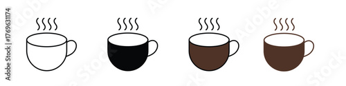 Hot chocolate mug icon in outline, solid, and color styles with a white background, available in EPS format. Perfect for winter, café, beverage, and cozy-themed designs.