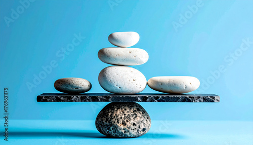 Piedras en equilibrio sobre una tabla de madera con fondo liso, concepto de armonía, estabilidad balance en la naturaleza y en la vida, bienestar, desarrollo personal y salud mental