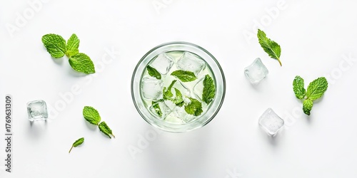 A refreshing glass of mint water with ice cubes, surrounded by scattered mint leaves on a white surface
