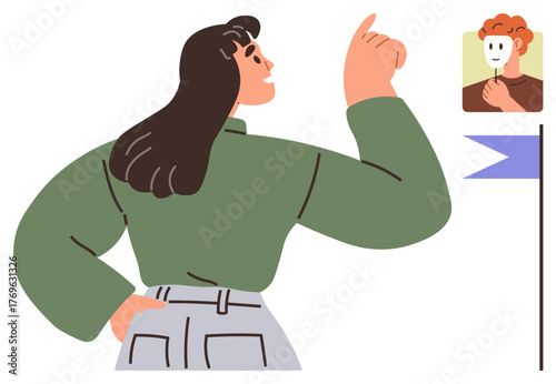 Woman pointing toward a profile picture with a mask covering a face, next to a flag marker. Ideal for identity, recognition, profile setup, self-awareness, decision-making, focus, and individuality