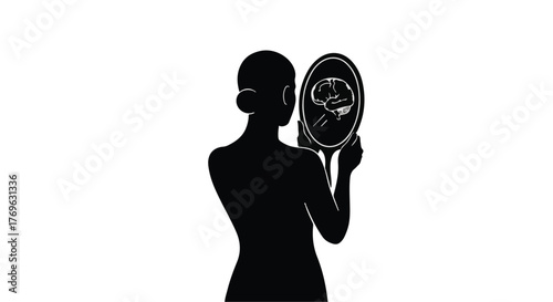 Silhouette of woman looking at brain reflection in mirror on a white background design art