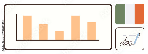Bar graph illustration with Irish flag and signed document, symbolizing data review, business agreements, analytics, and decision-making. Ideal for business, economy, analytics, finance contracts