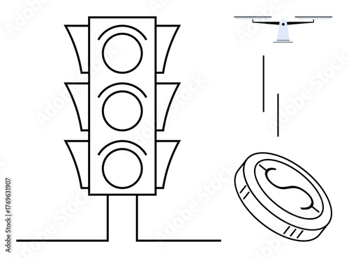 Traffic light beside flying quadcopter and coin, portraying technology, automation, urban innovation, digital payments, smart mobility, futuristic cities, and sustainable infrastructure in a simple
