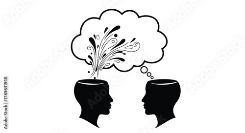 Two head silhouettes sharing ideas with a thought bubble and floral decorations above them