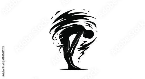 Silhouette of a person bending over with abstract black shapes around them on a white background
