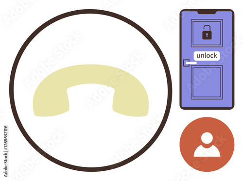 Telephone handset, locked door with unlock label, and user profile icon illustrating security, communications, privacy, and access control. Ideal for security, login, networking privacy identity