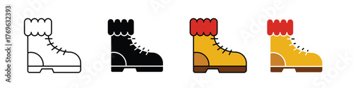 Hiking boots in snow icon in outline, solid, and color styles with a white background, available in EPS format. Perfect for winter, adventure, travel, and outdoor-themed designs.