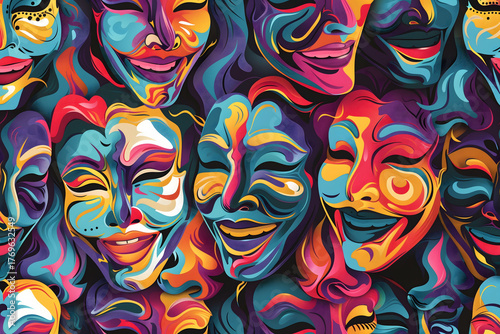 Vivid Expressionist Artwork Featuring Colorful Theater Faces