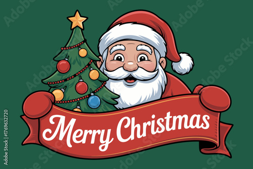 Cartoon Santa & Christmas Tree Vector Graphic | Christmas Holiday Card Design