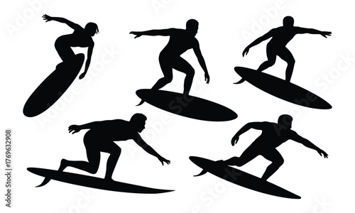 Silhouettes of surfers in action silhouette